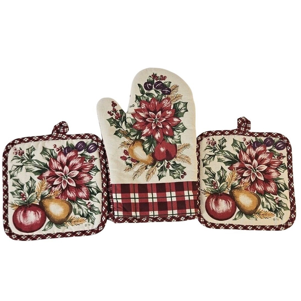 Christmas Country Farmhouse Oven Hot Mitt w‎ 2 Pot Holders Quilted Plaid Cotton